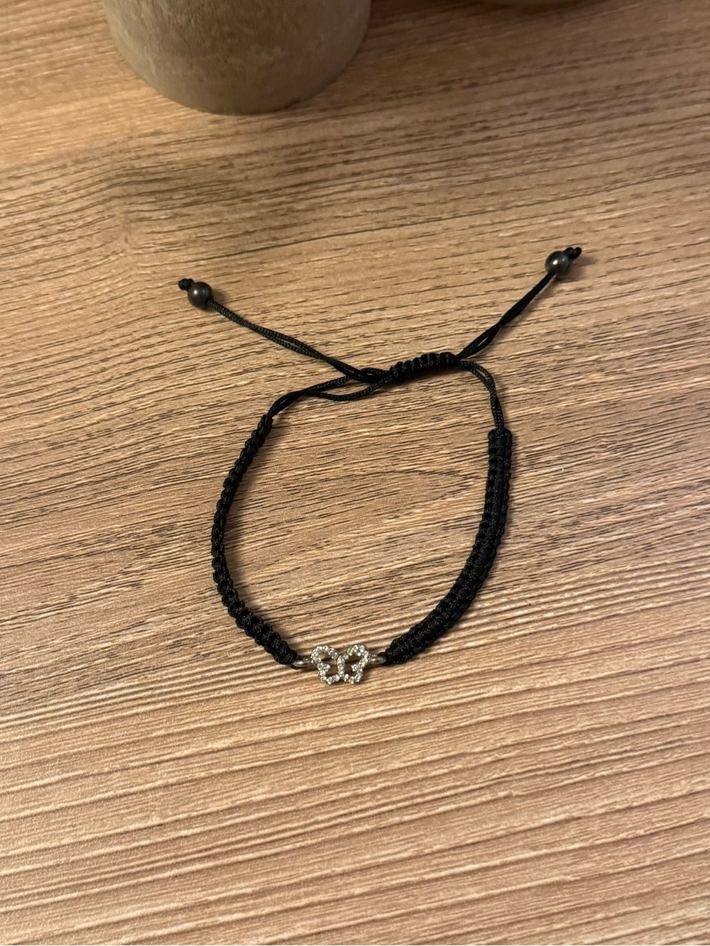 Black Adjustable Bracelet with Silver Crystal Butterfly